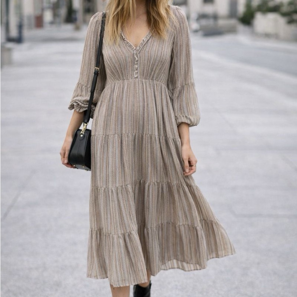 Auguste The Label Taupe Striped Midi Dress